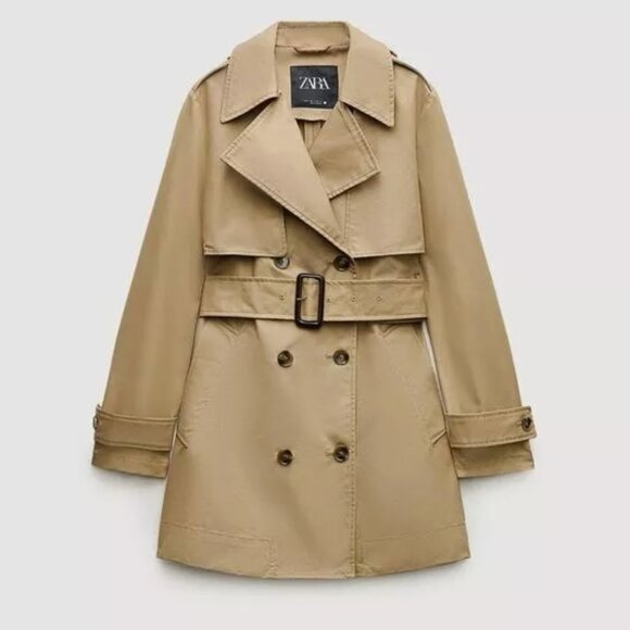 ZARA WOMEN BELTED SHORT TRENCH COAT ZW COLLECTION XS S M L taupe brown NWT - Picture 12 of 12